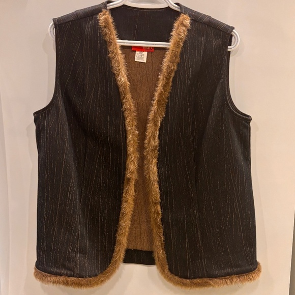 Y2K Vintage Dark Denim Vest Faux Fur Trim Open Front Streetwear Retro Vibe Sz: L - Picture 1 of 11